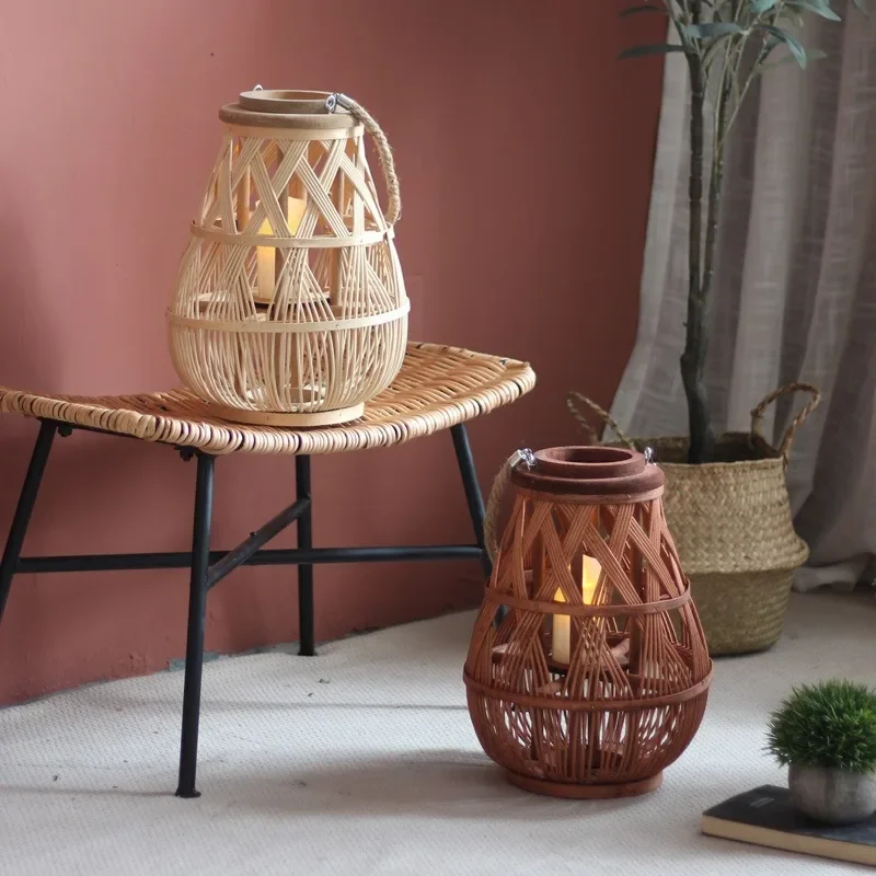 Handmade rattan wind lamp desktop candlestick wedding party homestay decoration ornament portable lantern retro pastoral Nordic