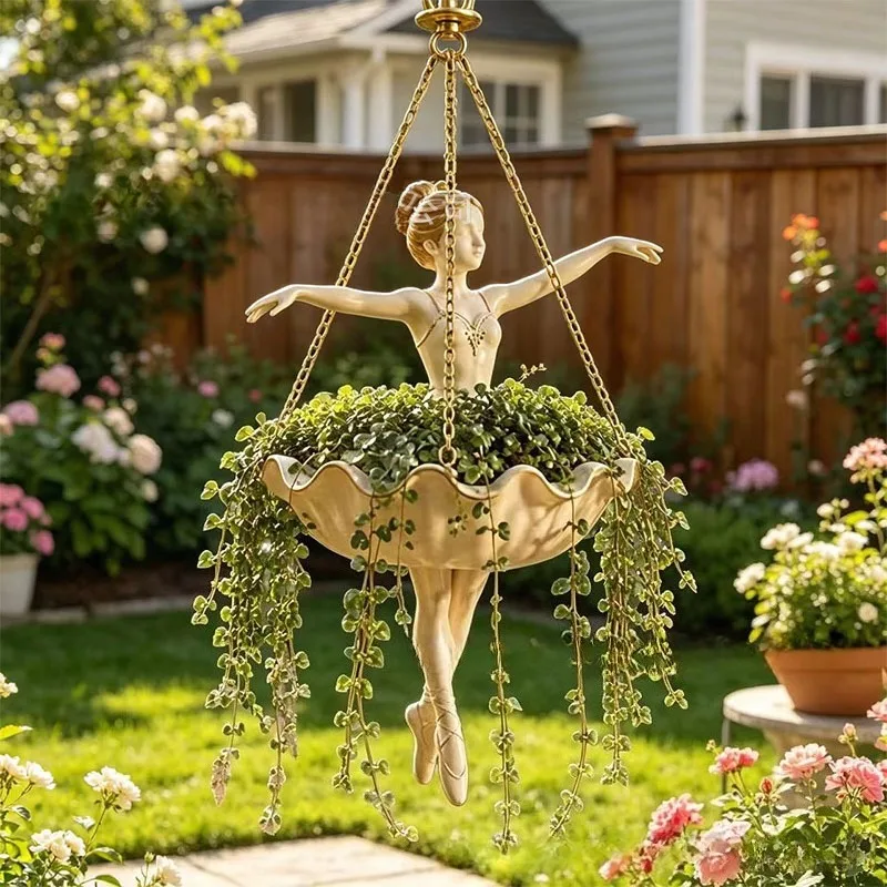 1/2pc Resin Ballet Dancer Hanging Planter Elegant Ballerina Figure Hand Carved Fairy Flower Pot for Trailing Vines Succule