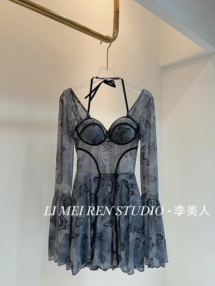 New Retro Palace Style Butterfly Print Fine Flash Long Sleeve Skirt Style jumpsuit Female swimsuit