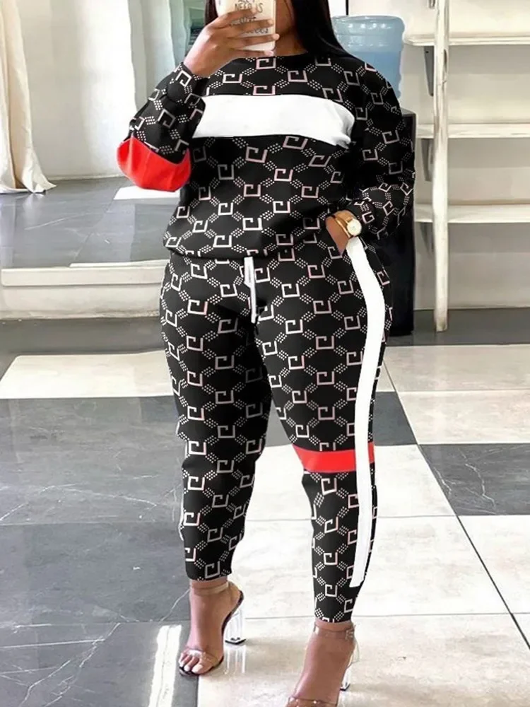 Zet Outifits 2023 Nieuwe Plus Size Geometrische Print Colorblock Sweatshirt En Gestreepte Joggingbroek Set Van Twee Fashion Casual Stukken