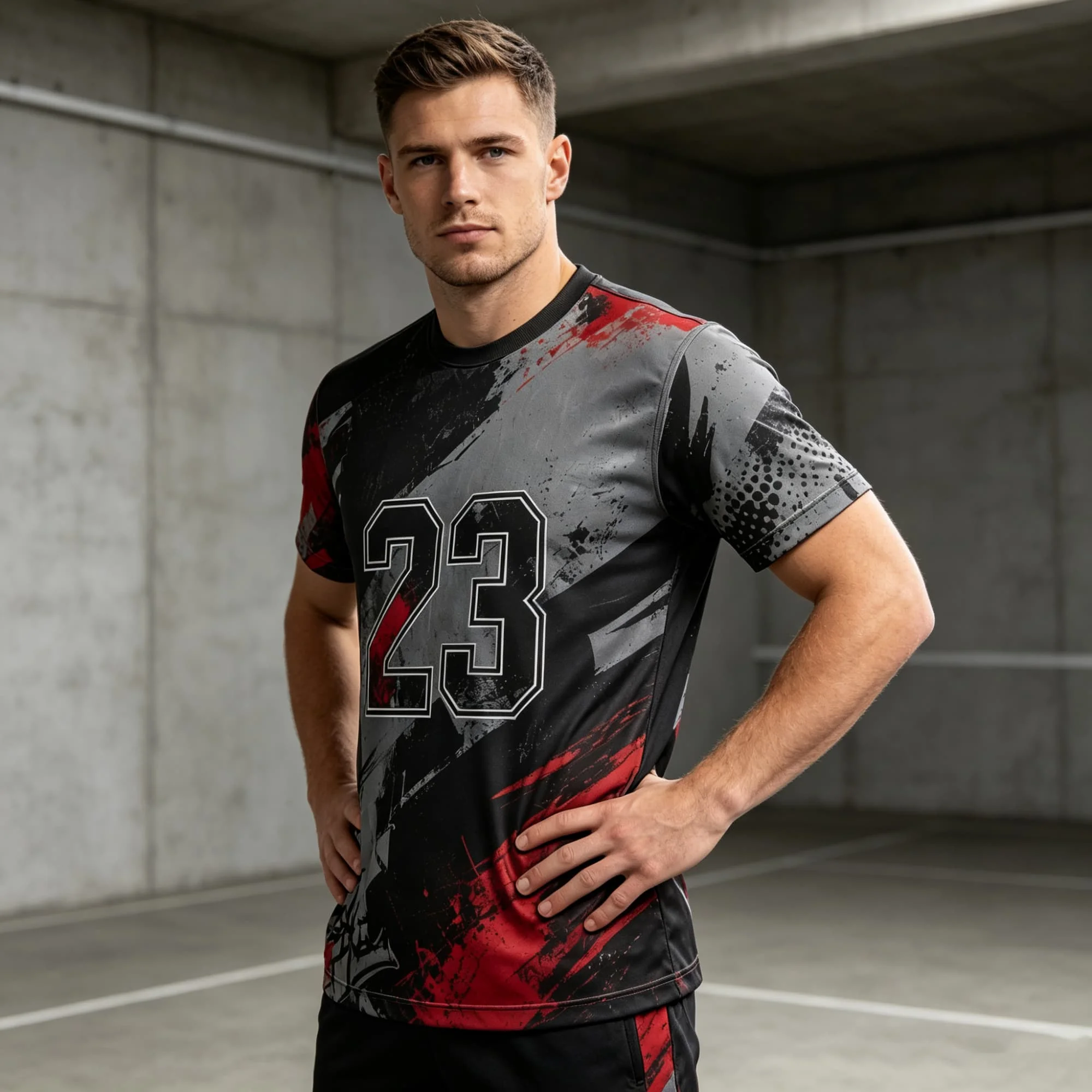 Men Athletic Short Sleeve T‑Shirt Distressed Graffiti Number 23 Print Jersey Breathable Round Neck Basketball Training Tops