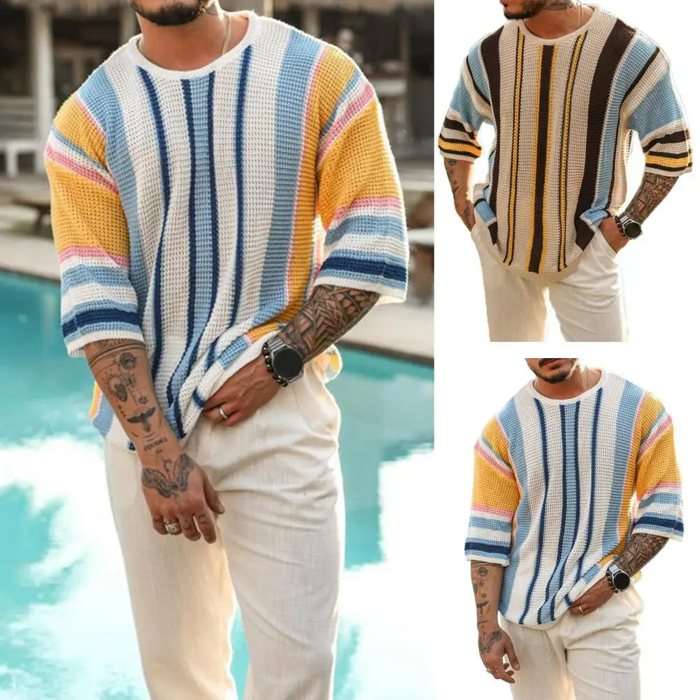 Men Sweater Striped Print Men's Knitted Sweater with Round Neck Half Sleeves Color Matching Loose Pullover for Summer Fall