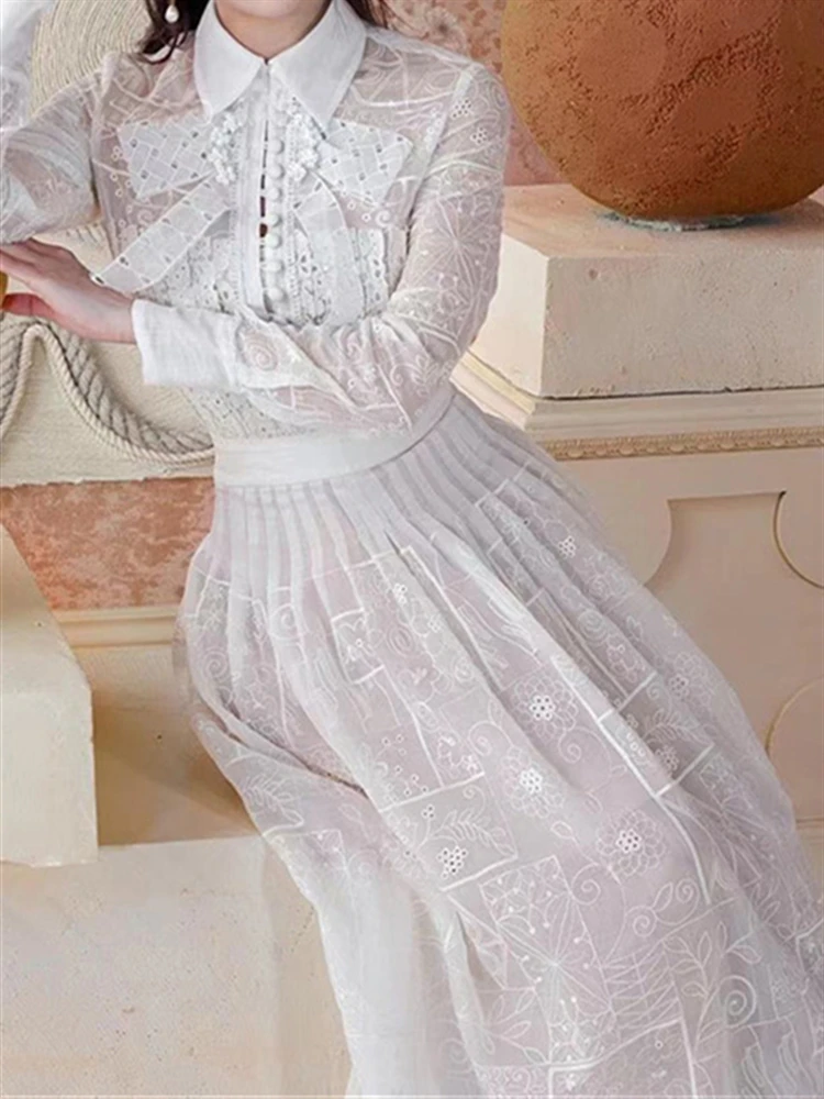 Solid Woman Two Piece Set Women Elegant Skirt Set Embroidery Lace 2022 High Waist Pleated Skirt + Long Sleeve Turn- Down Shirt