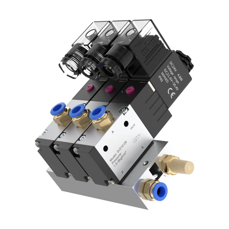 Bloque de válvula solenoide neumática de opción múltiple 3V210-08 5/6/7/8 vías con colector de Base de ajuste de silenciador 110/220V AC 12/24V DC