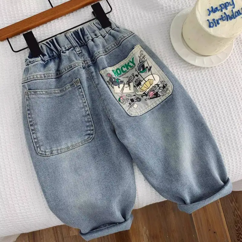 

Boys Jeans Long Girls Denim Pants Retro Baby Kids Blue Cartoon Pattern Trousers for Children's Fashion Clothing