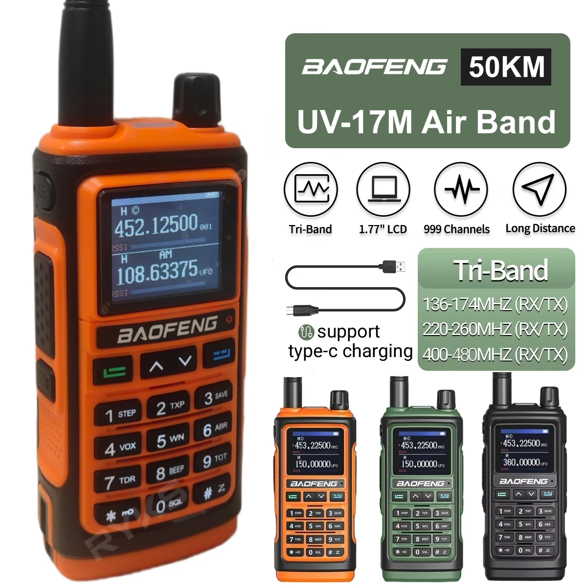 

Оранжевая рация Baofeng UV-17M/UV-17R 10 Вт/2 Вт, 6 диапазонов частот, беспроводное копирование частоты, подходит для использования на открытом воздухе