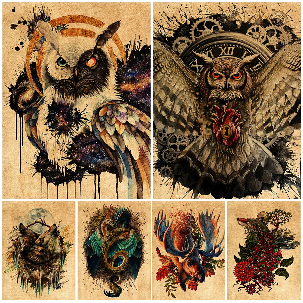 

Owl And The Gate Of Time Vintage Wall Art Canvas Painting Witch Wolf, Dead Bone,Flying Dragon Art Poster And Print Home Decor