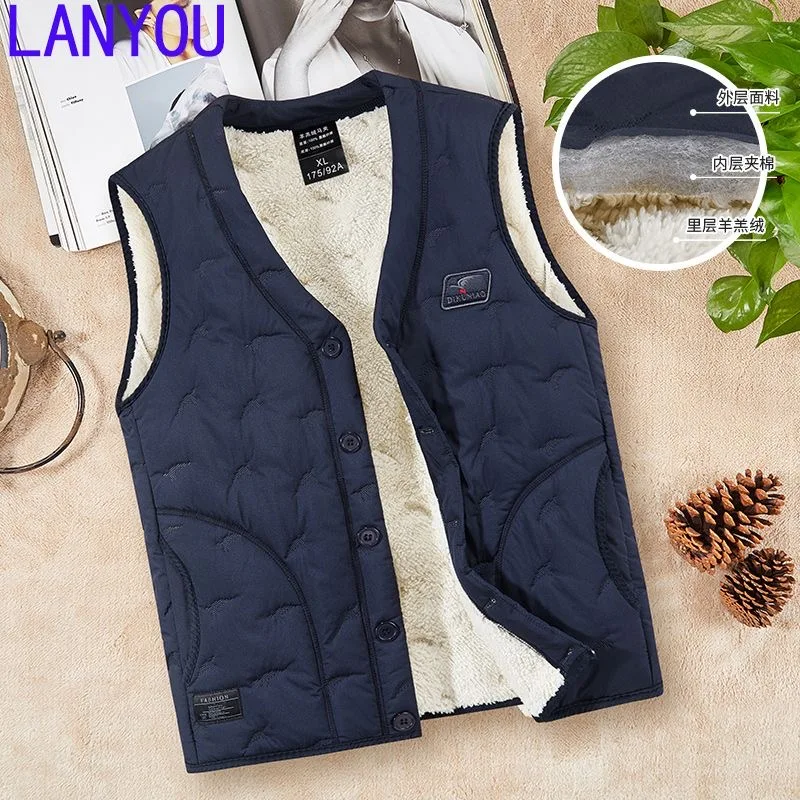 2024 Autumn and Winter New Fashion Solid Color Waterproof Lamb Wool Vest Men's Casual Loose Large Size Thick Warm Coat L-5XL