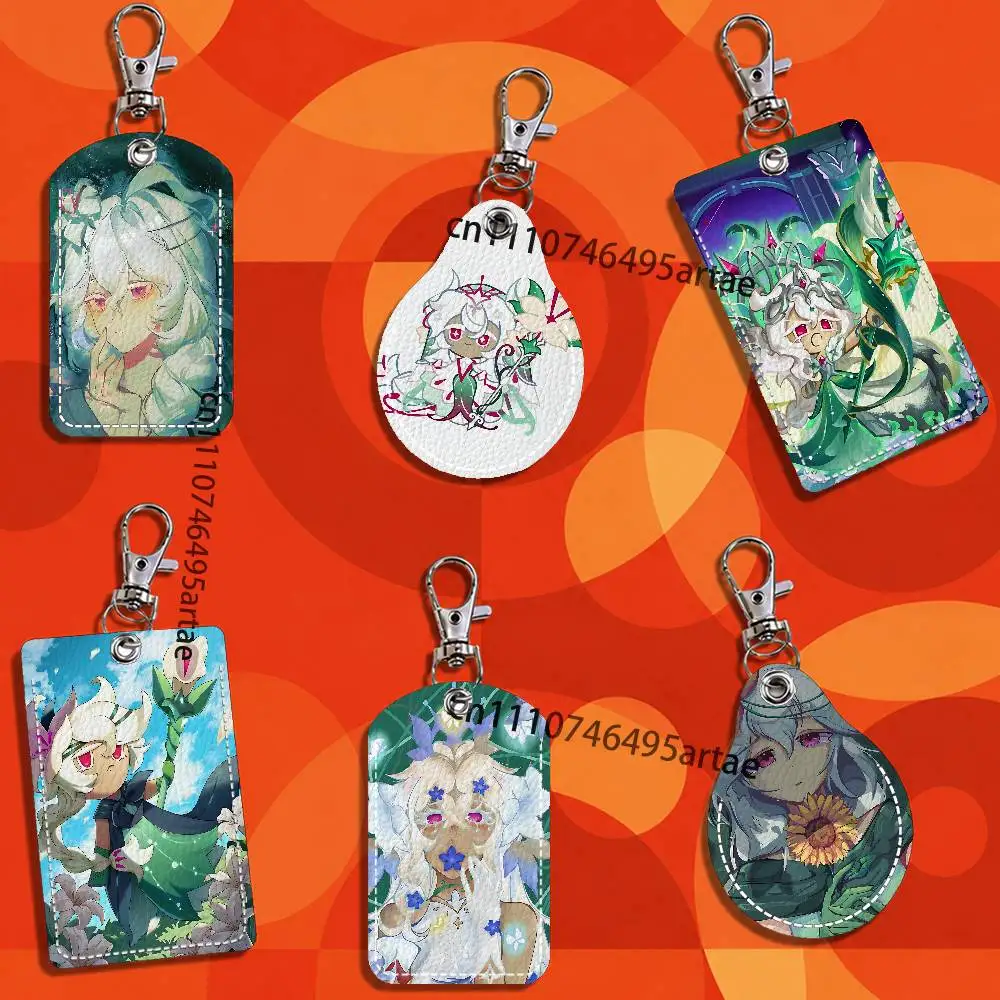 Run Kingdom White lily C-Cookie Card Case Leather Card Holder Keychain Key Ring Transportation Card Case With Lanyard
