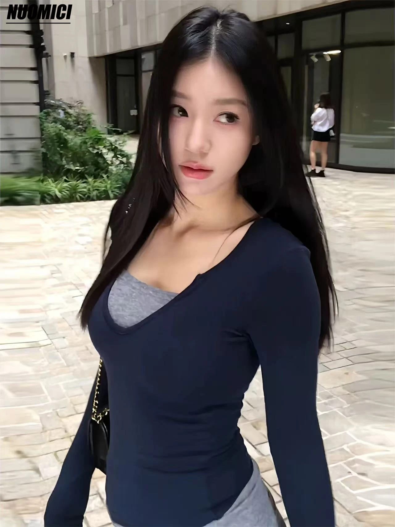 

NUOMICI темно-синяя футболка с длинным рукавом, женская осенняя искусственная двухсекционная футболка с v-образным вырезом, сексуальный тонкий базовый модный трикотаж, женский топ, шикарная футболка