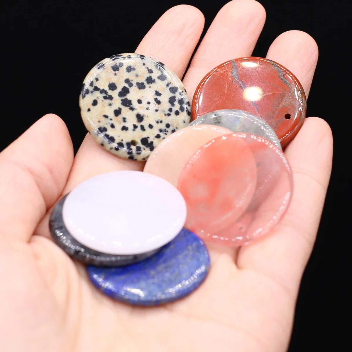 로즈 쿼츠 아마조나이트 옥 타이거 아이 스톤, 내추럴 라운드 디스크 펜던트, 쥬얼리 제작, DIY 목걸이 액세서리, 30mm