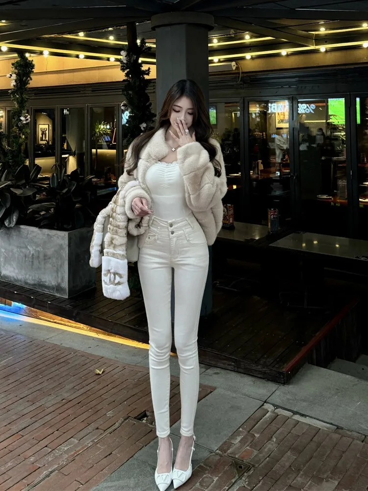 

Slim Fit White Denim Pants Women's High Waist Double Bule Casual Cotton Stretch Jeans Tummy Control Slimming Capri Length