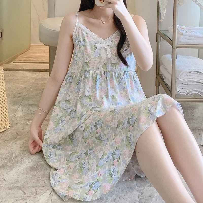 Nightgown Summer Cotton Silk Suspenders Bustier New Thin Sweet Home Loose Casual Comfortable Premium Simple High-quality Cute