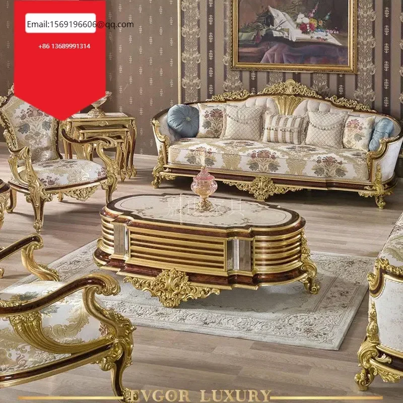 

European-style luxury all-solid wood sofa fabric wood carved tea table French palace living room furniture