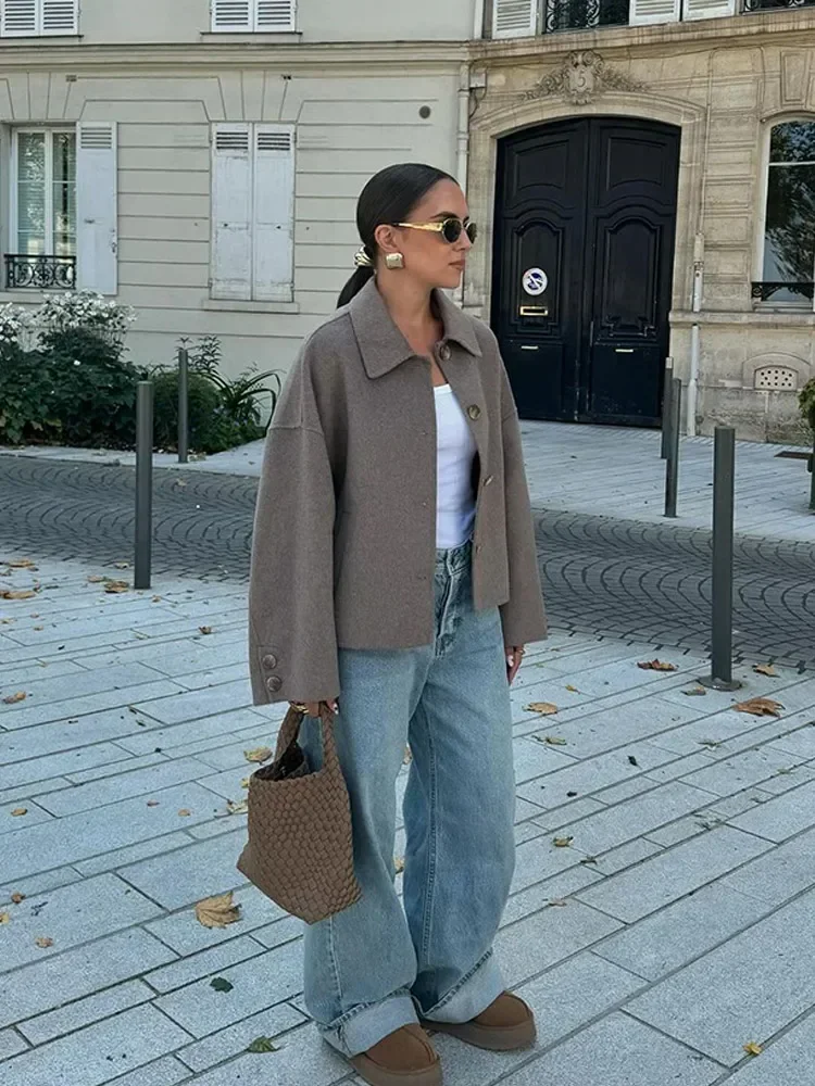 Ležérní jednořadé vlněné sako pro ženy, elegantní klopa s dlouhým rukávem, skládaná kapsa, volné kabáty, podzimní kabát - náhled 4