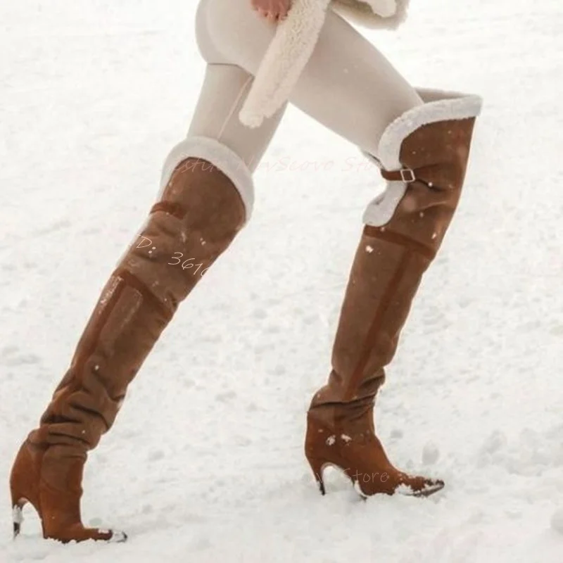 Pointed Toe Winter Warm Snow Boots Stiletto Heels Mixed Color Suede Belt Buckle Decor Lamb Wool Over The Knee Boots Sexy Ladies