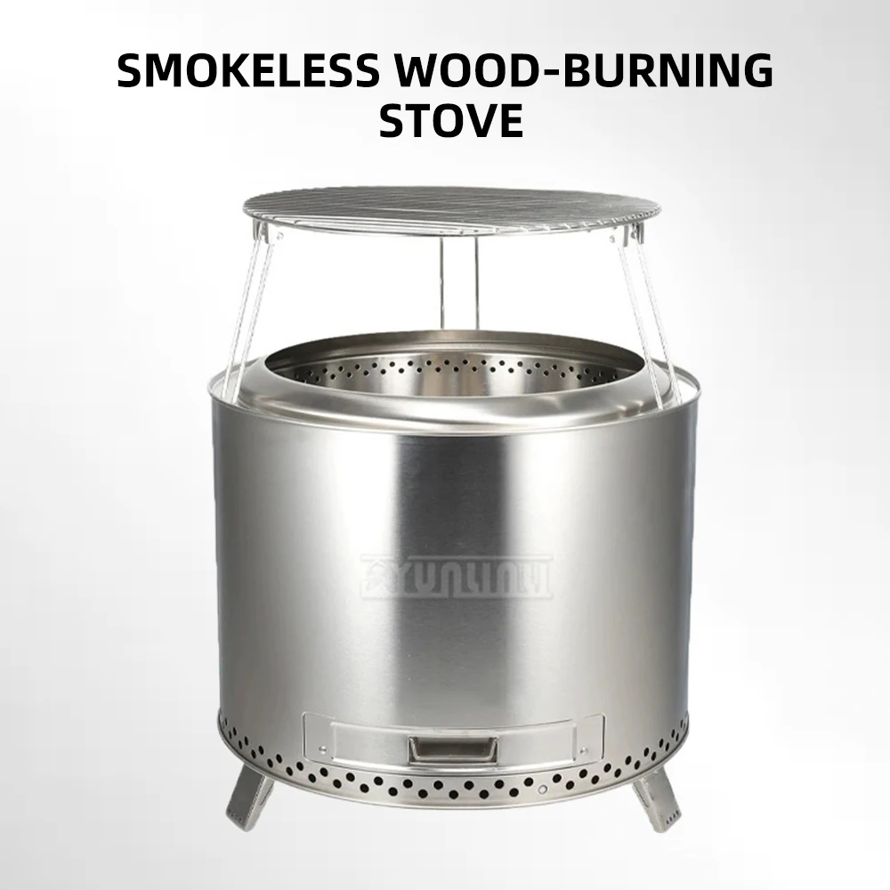 Smokeless Wood-Burning Stove, Outdoor Camping Fire Pit, Stainless Steel All-in-One Stove, Patio BBQ Grill