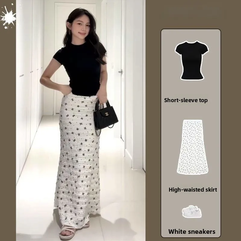 

Корейский летний комплект: приталенная юбка-русалка с цветочным принтом и топ с коротким рукавом, повседневный женский комплект с юбкой-тортом из полиэстера с высокой талией