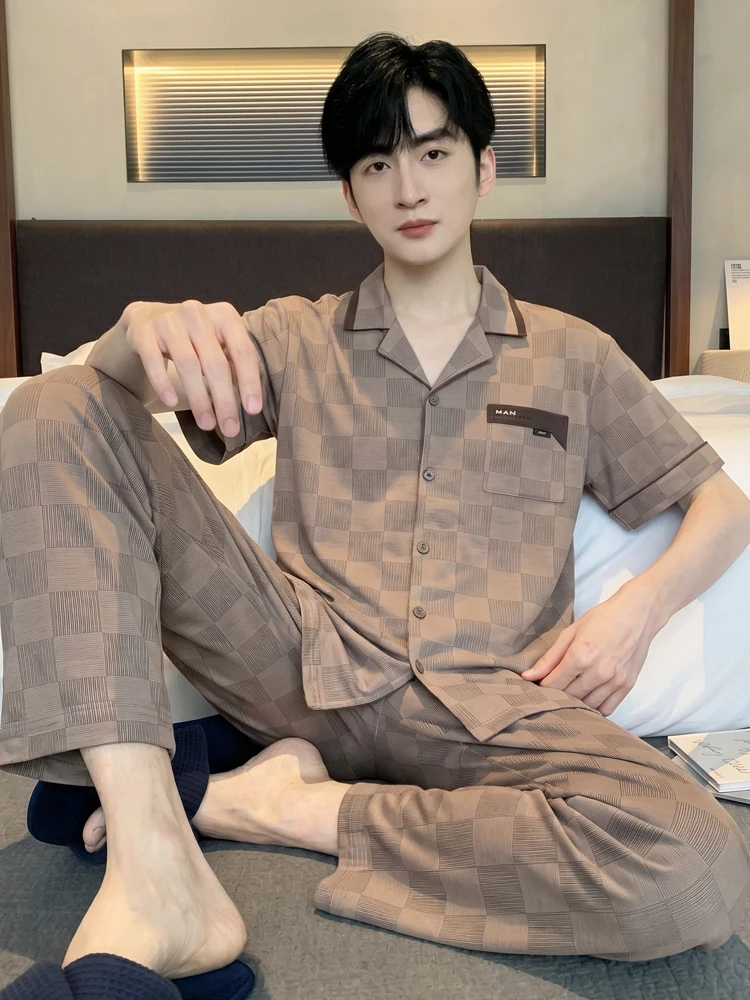cool-modal-sleepwear-men's-summer-short-sleeve-long-pants-thin-ice-silk-cool-feeling-home-clothes-set-loose-fit-spring-summer
