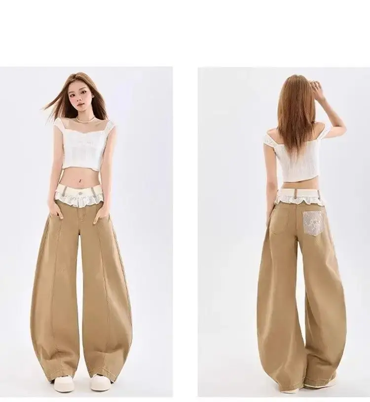 

Женские джинсы цвета хаки с высокой талией и широкими штанинами, с кружевной отделкой на поясе, свободные джинсовые брюки с контрастными карманами, повседневный уличный стиль Y2K