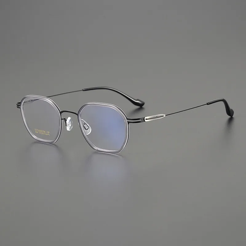 Screw-free Retro Multilateral Pure Titanium Ultra-light Glasses Frame for Men and Women with Degree Plastic Frame Titanium Legs.