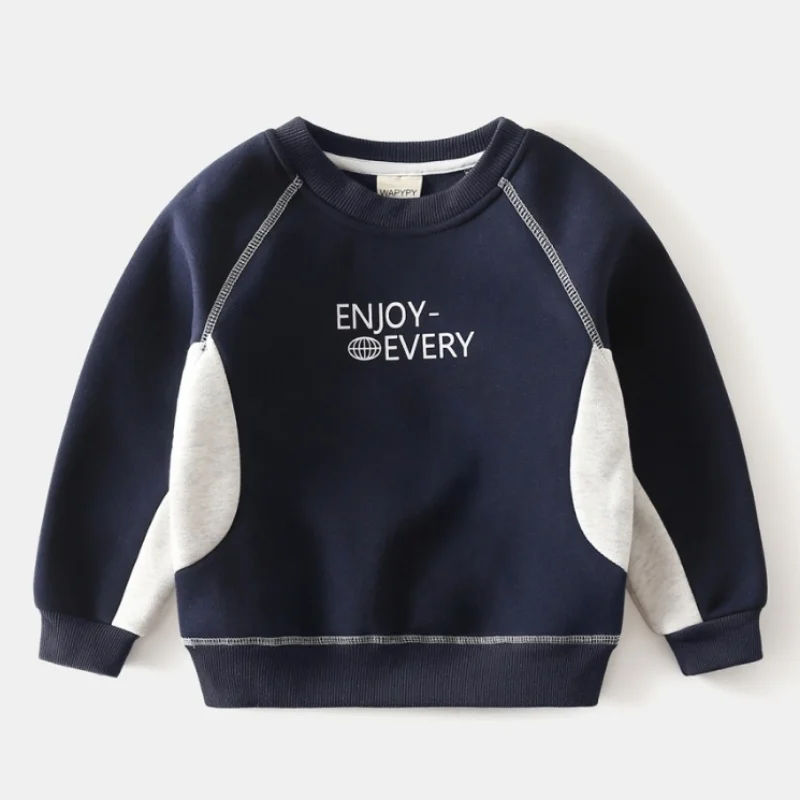 

2025 New Autumn Kids Thickened Sweatshirt Boys Retro Color Block Crew Neck Fleece Lined Top Childrend Pullover
