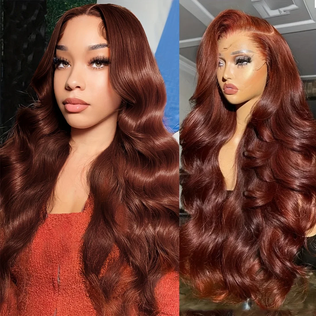 

13x4 Red Brown Body Wave 200 Density Frontal Glueless Wig Brazilian Virgin Hair HD Transparent Lace Pre plucked Human Hair wigs