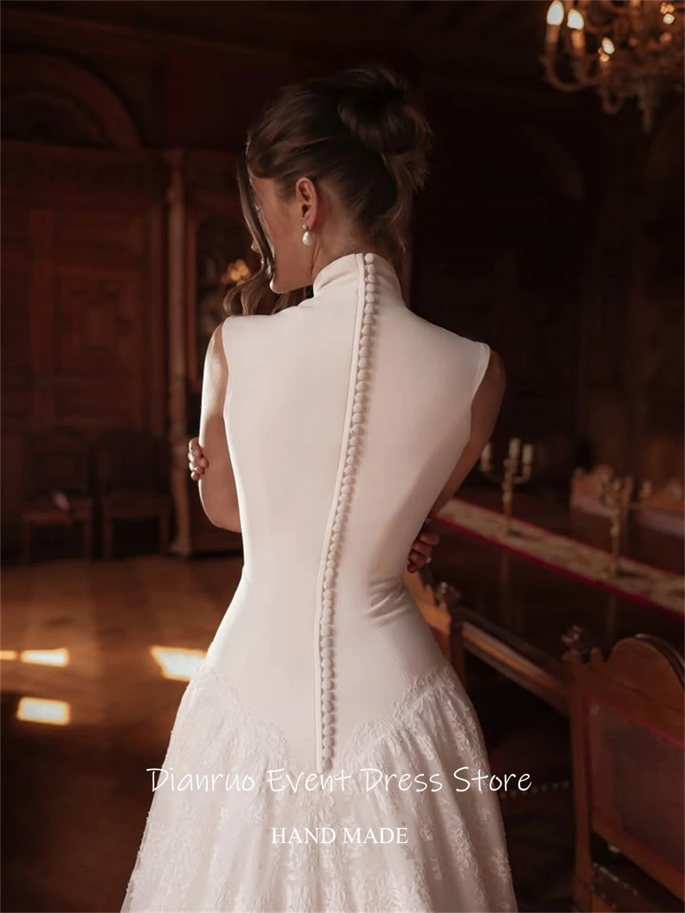 Dianruo A Line High Neck Bridal Wedding Dress Sleeveless Modern Vestido Noiva Princesa Appliques Civil Robe De Mariée Customized