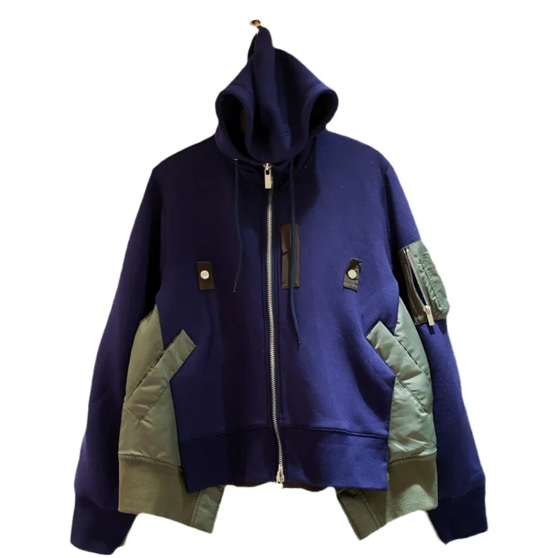 2023 autumn and winter new loose spliced thickened coat women\'s casual color zipper hooded