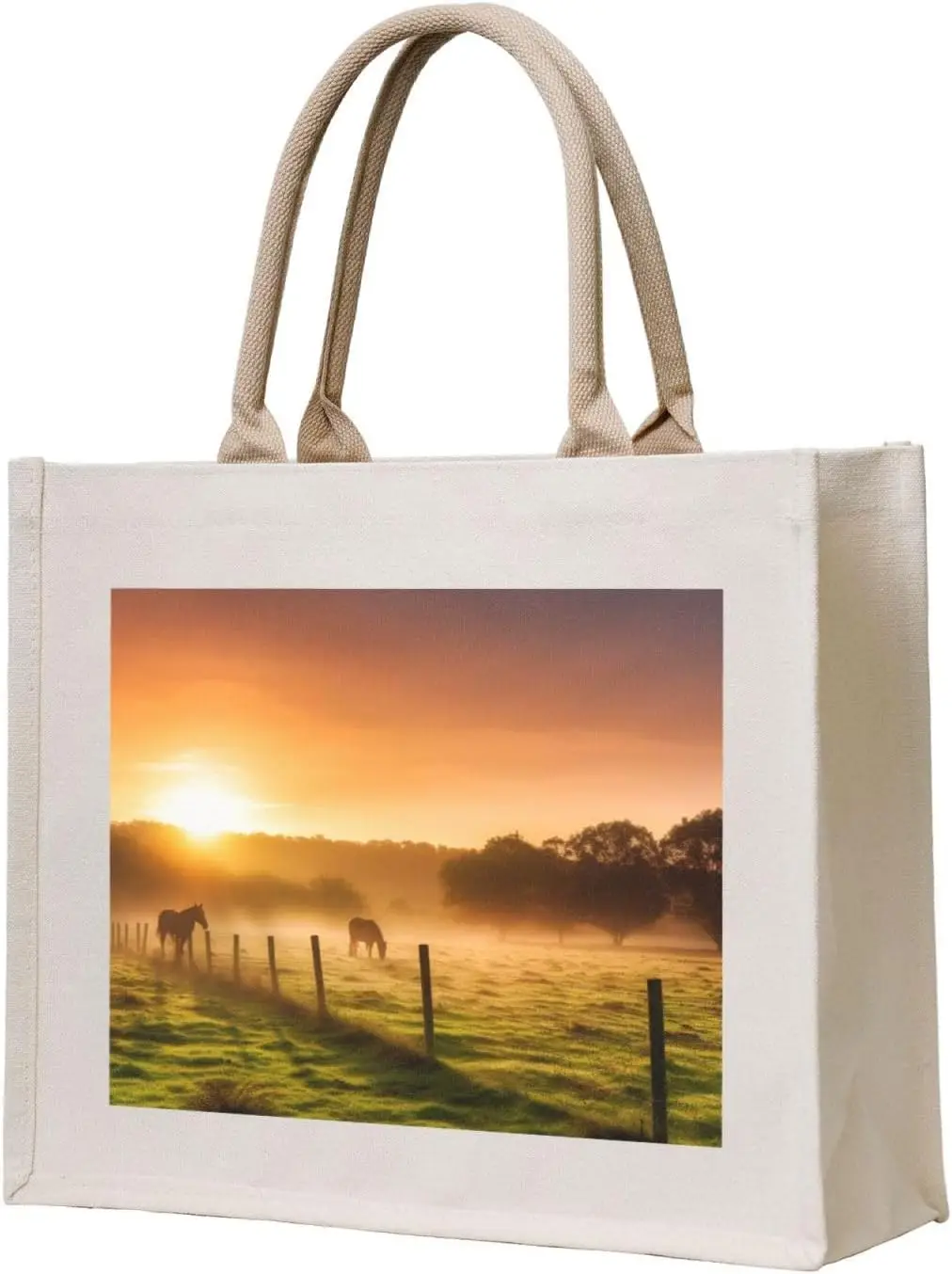 Pasture at Sundown in Orange Sunny Beams printed Canvas Carrying Tote Bag Fashion Handbag Shoulder Shopping Bag