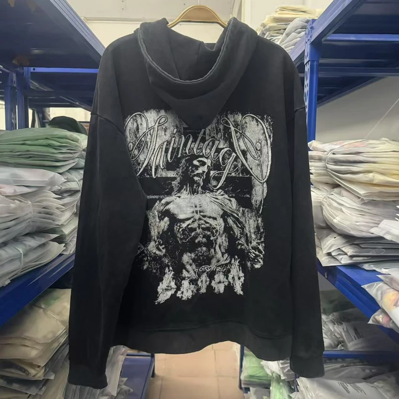 

Толстовка с принтом Jesuns, высокое качество, потертые черные повседневные толстовки SAINT для мужчин и женщин, зима-осень, уличная одежда, пуловеры