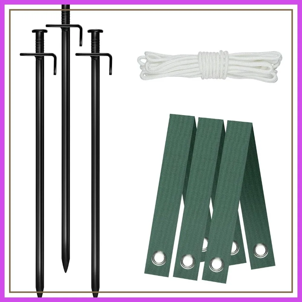 

Heavy Duty Steel Tree Stake Kits, Supports for Young Trees Against Bad Weather, 3 Straps, 3 Stakes, 31.2ft Rope