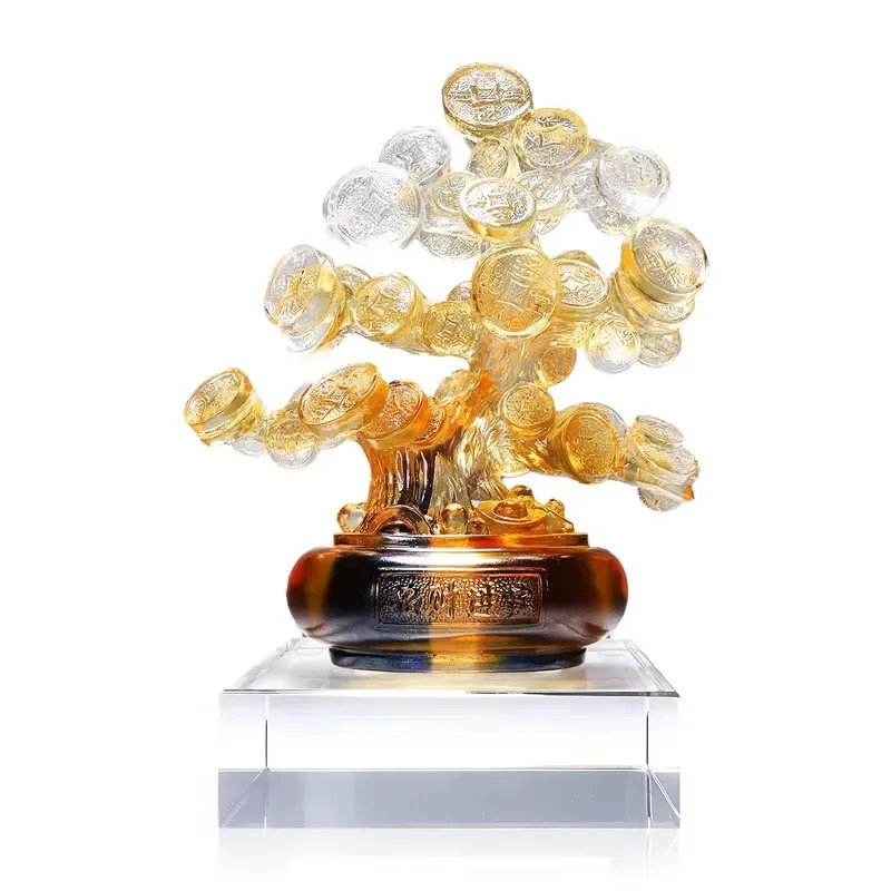 Noriva FM0035 Glazed Crystal Money Tree Feng Shui Wealth Sculpture Handmade Lost Wax Casting Wealth Prosperity Successful