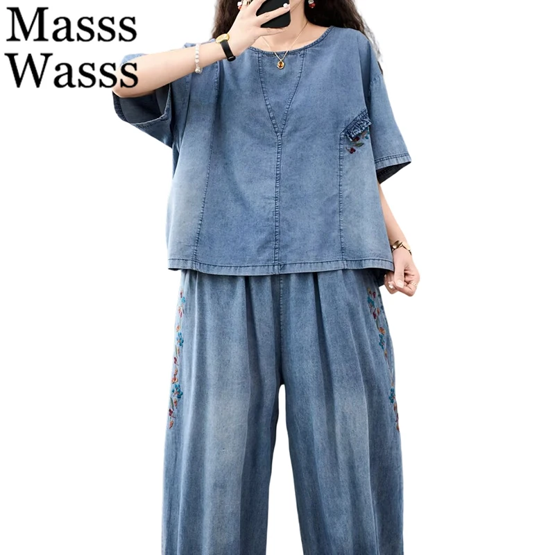 

Masss Wasss Summer Suits Womens Denim Embroidery 2 Pieces Sets Loose Tops Tees Casual Jeans Vintage Wide Pants Fashion Outfits