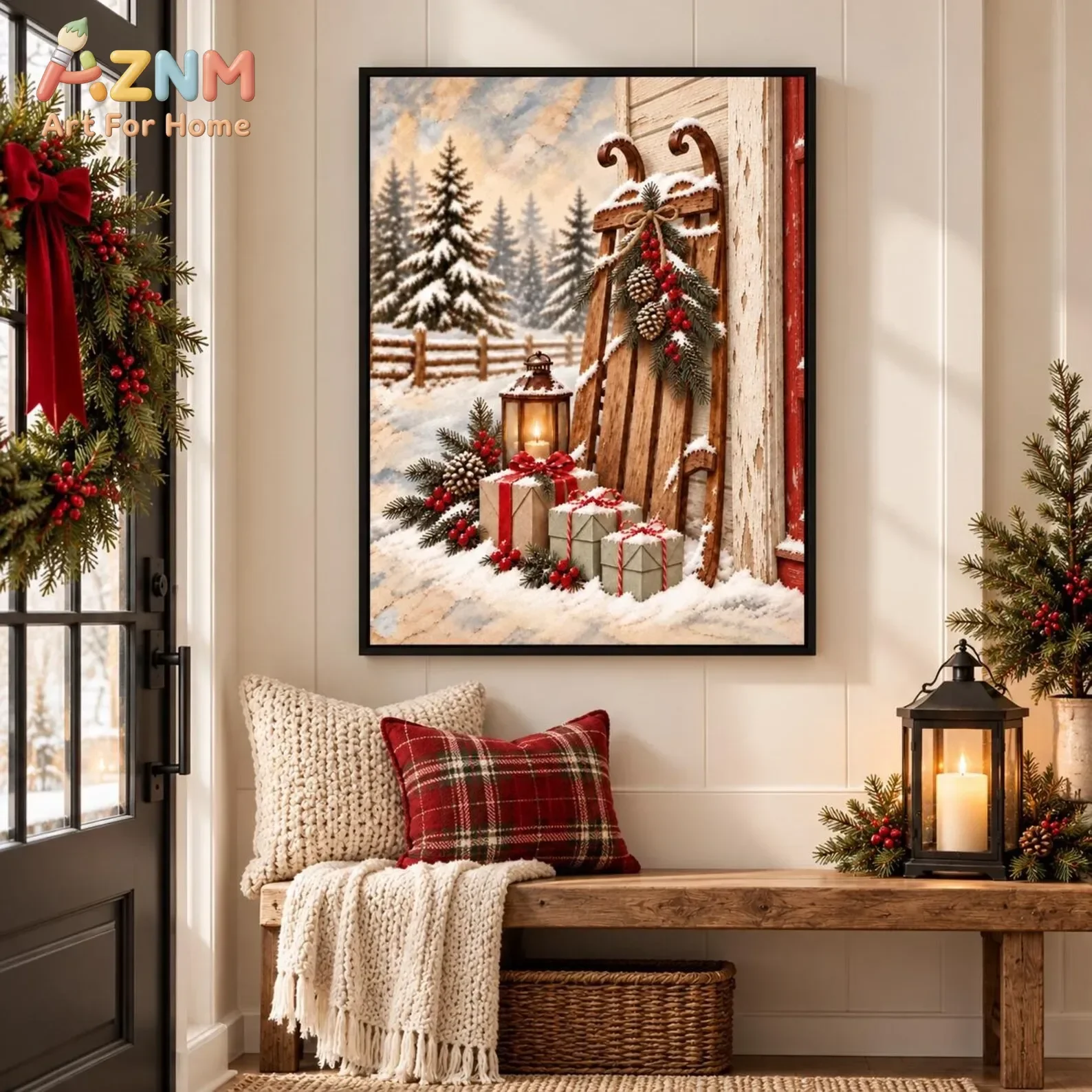 AZNM Christmas Animal Canvas Print, Santa Highland Cow Deer Rabbit Donkey Winter Snow Scene Unframed Canvas Painting, Xmas Wall