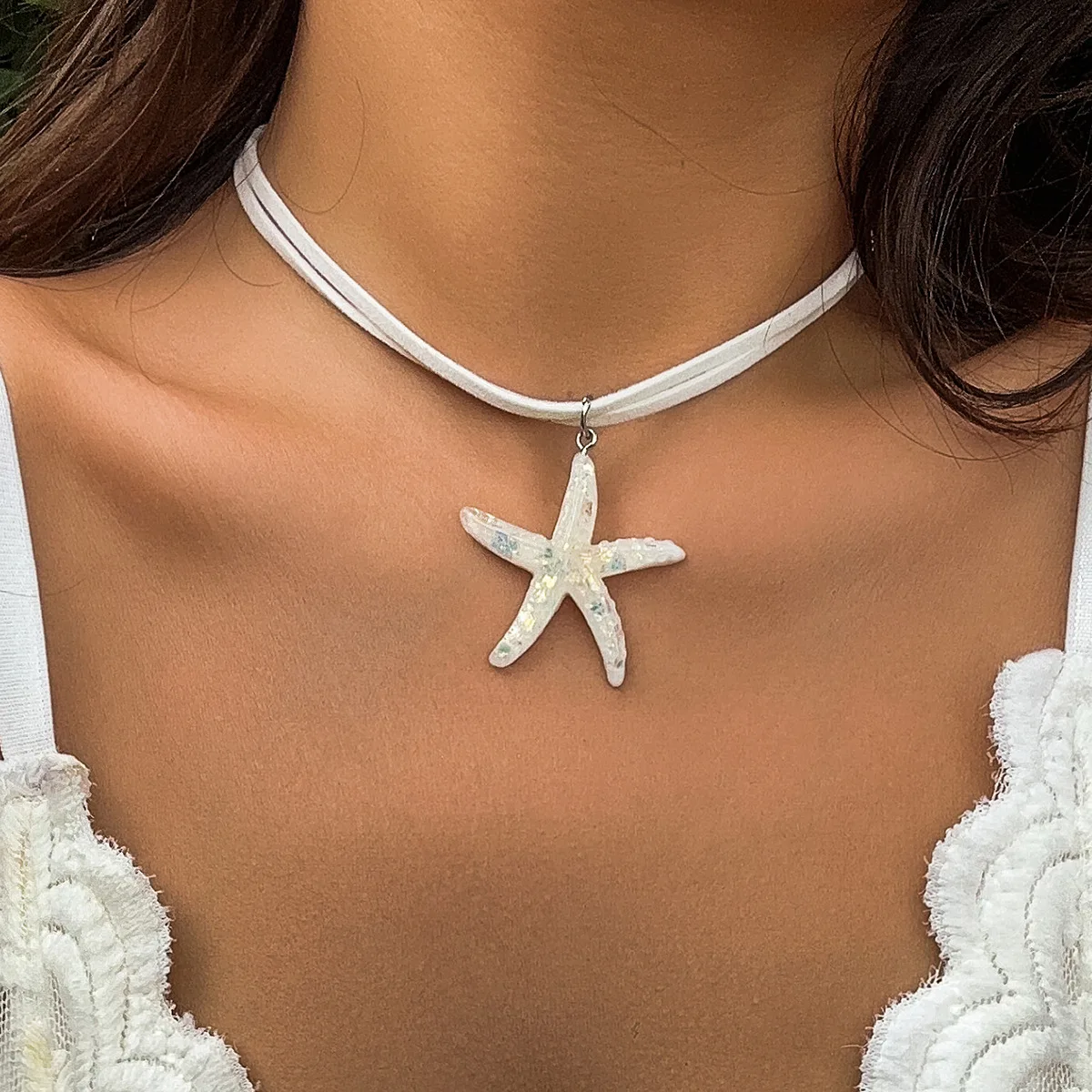 Boho mehrschichtige weiße Seilkette Halskette für Frauen Mode große Harz Seestern Stern Anhänger Halskette Strand Party Schmuck – Detail 1