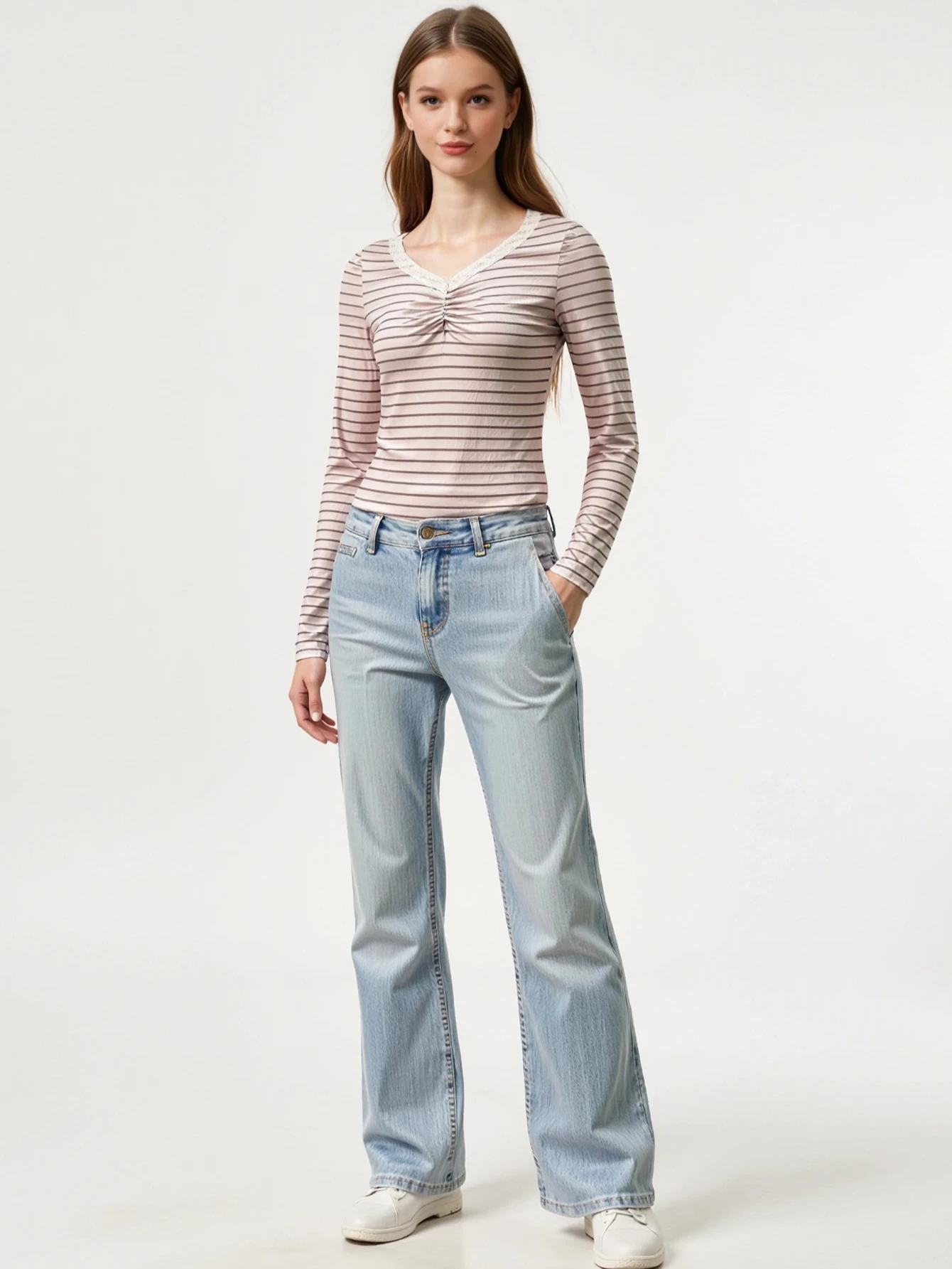 

Lace striped T-shirt autumn European and American long sleeved warm inner top for women