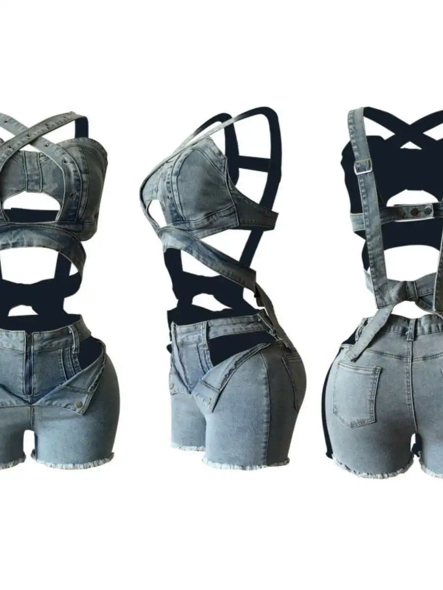 New Denim Crop Top Shorts Set Strap Elastic Waistband Tube Top Cotton Summer Fashion Outfit Women's Ensemble