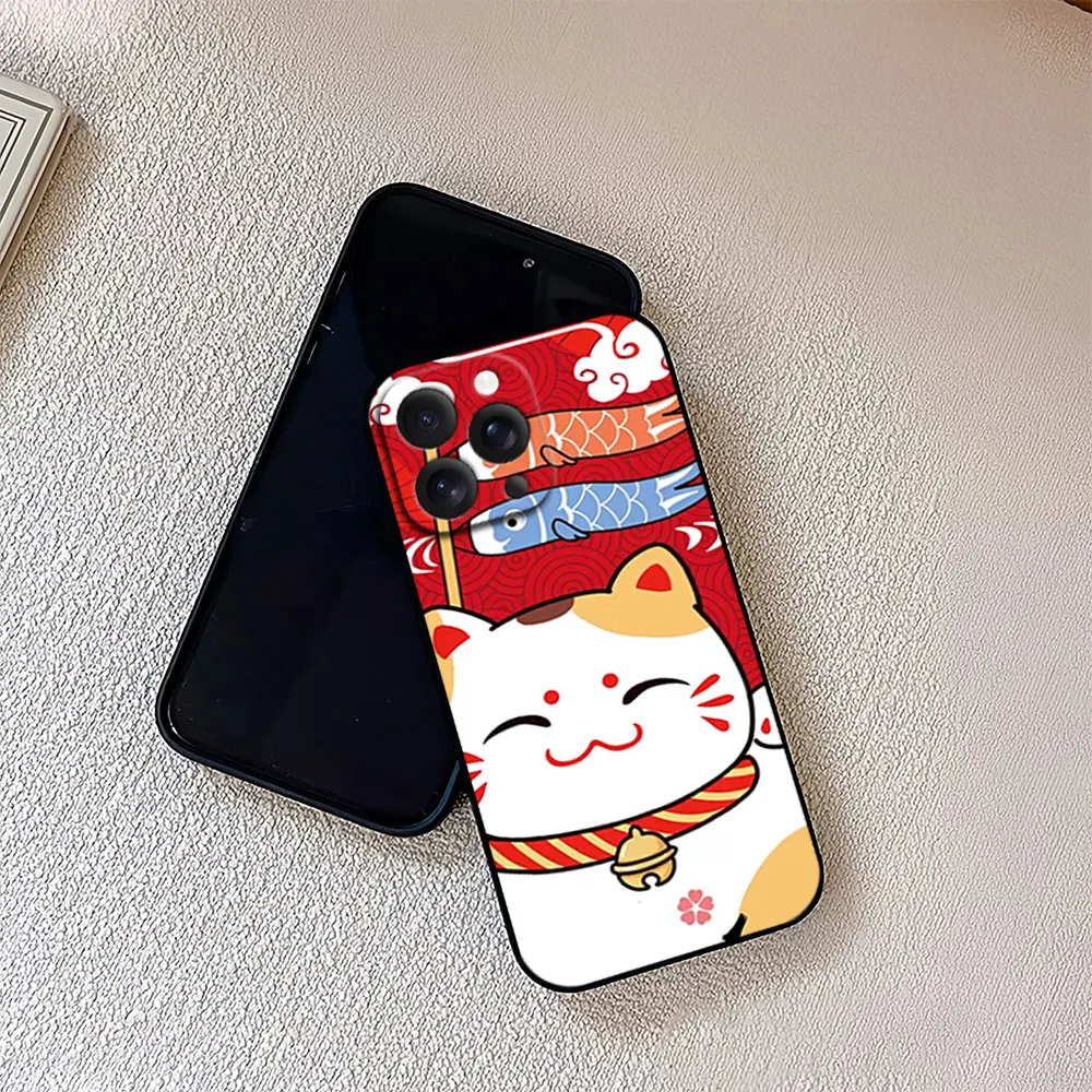 Maneki Neko Lucky Money Cat For iPhone 11 12 13 14 15 16 Pro Max Plus Matte Soft Silicone phone Case Ultra Thin Black Cover