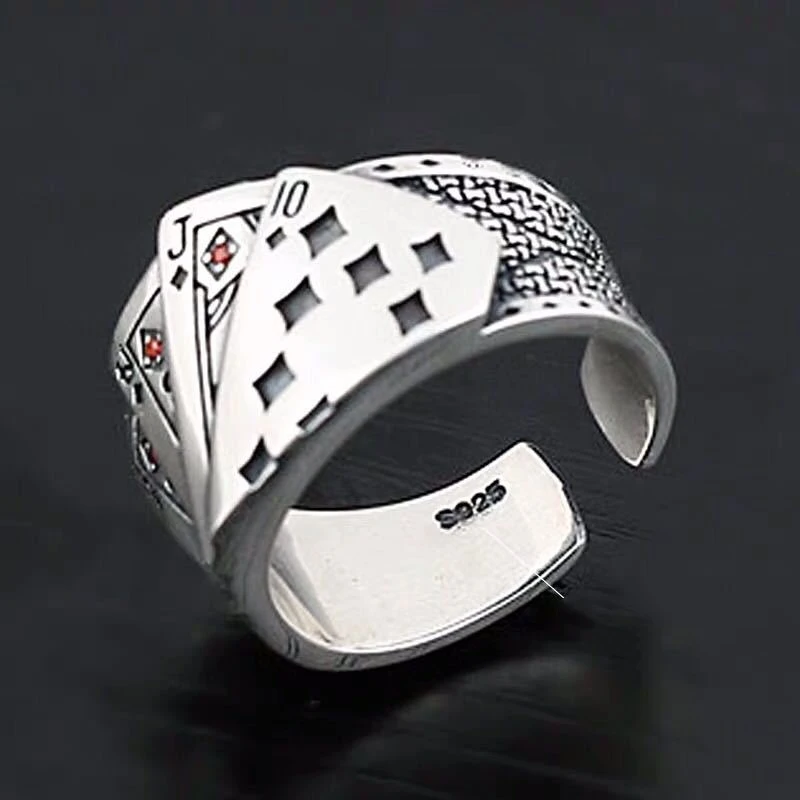 Buyee 925 Sterling Silver Unique Ring Finger Excellent Poker Open Ring for Woman Man Fashion Punk Fine Jewelry Circle with Box