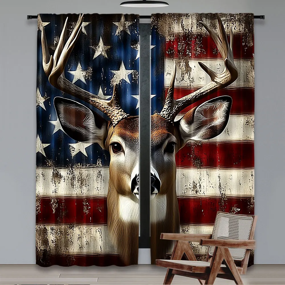 2Pcs American Flag Retro Curtains Deer Antlers Animal Curtains Red Blue Stars Striped For Bedroom Living Room And Dining Room