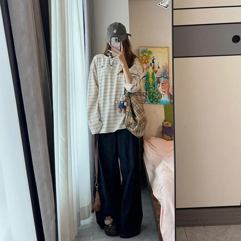 Camiseta de manga larga con estampado de rayas para niña, ropa interior, capa Base, Tops holgados para mujer, Tops de moda, abrigo elegante de gran tamaño