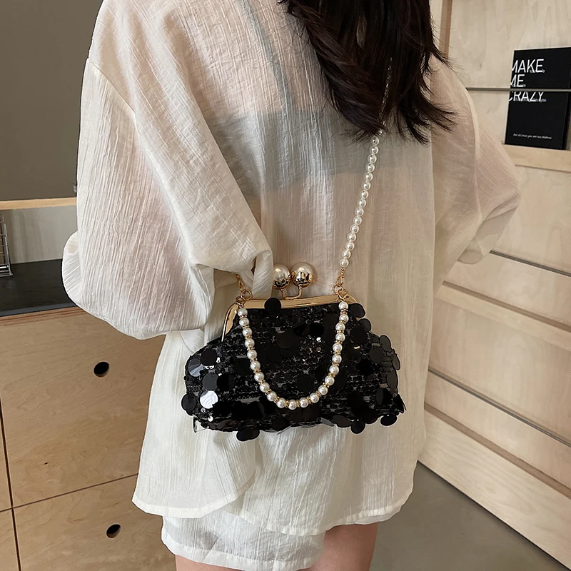 Bag 2024 New Women\'s Pearl Chain Bag Niche Luxury Design Sequin Bag Casual Street Shoulder Crossbody Bag Trend Underarm Bag