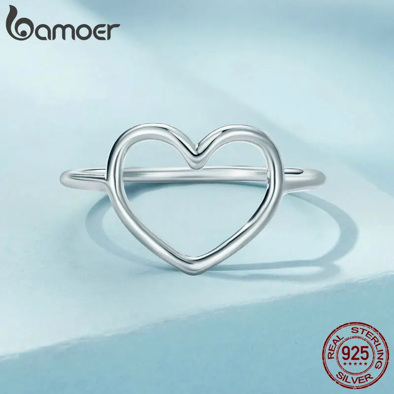 BAMOER 925 Sterling Silver Minimalist Heart Finger Rings for Women Wedding Engagement Statement Fashion Jewelry SCR641