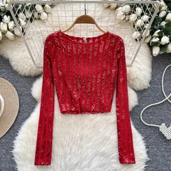 Basics O-neck Glitter Sequins Hotsweet Casual Chic Long Sleeves Slim Short Top Sexy Streetwear High Street Spring Women T-Shirts