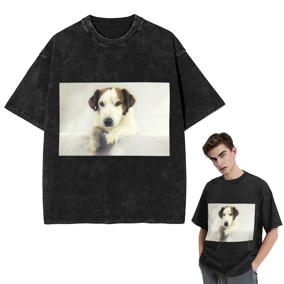 Streetwear T-Shirts Dog Jack Russell Terrier Photo Washed T Shirt Short Sleeve Hip Hop T-Shirt Tops Tees for Men Women