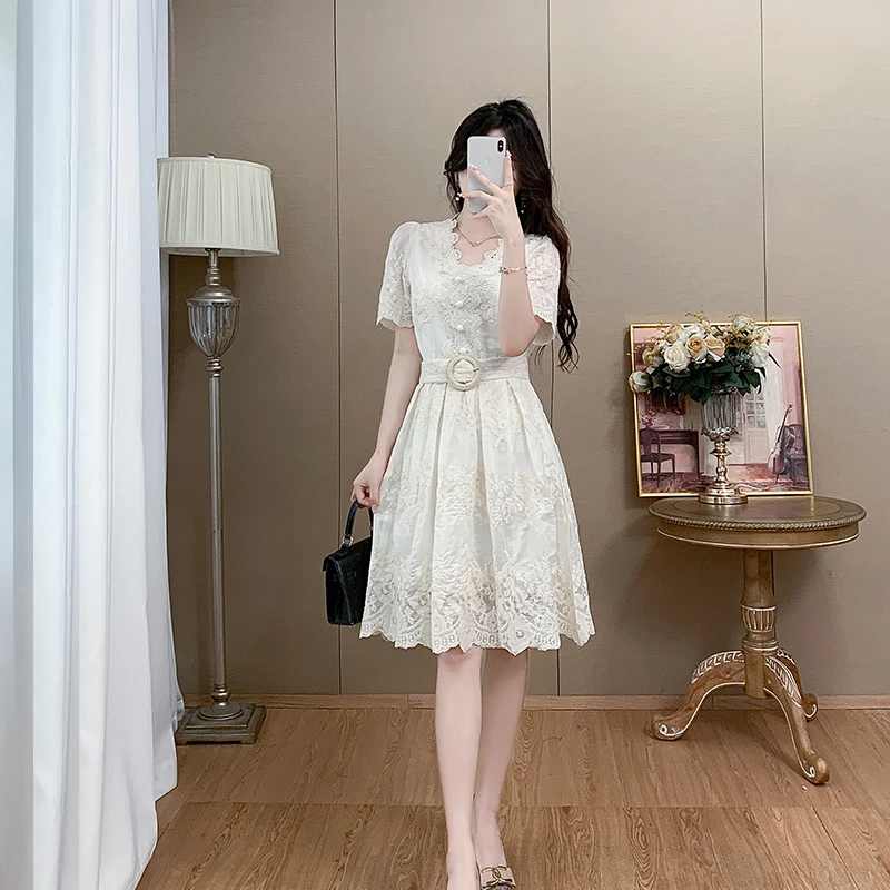 레이스 스플라이싱 디자인 여름 드레스 여성스러운 하이웨이스트 A라인 스커트 또는 티 브레이크 드레스 폴리에스터 섬유