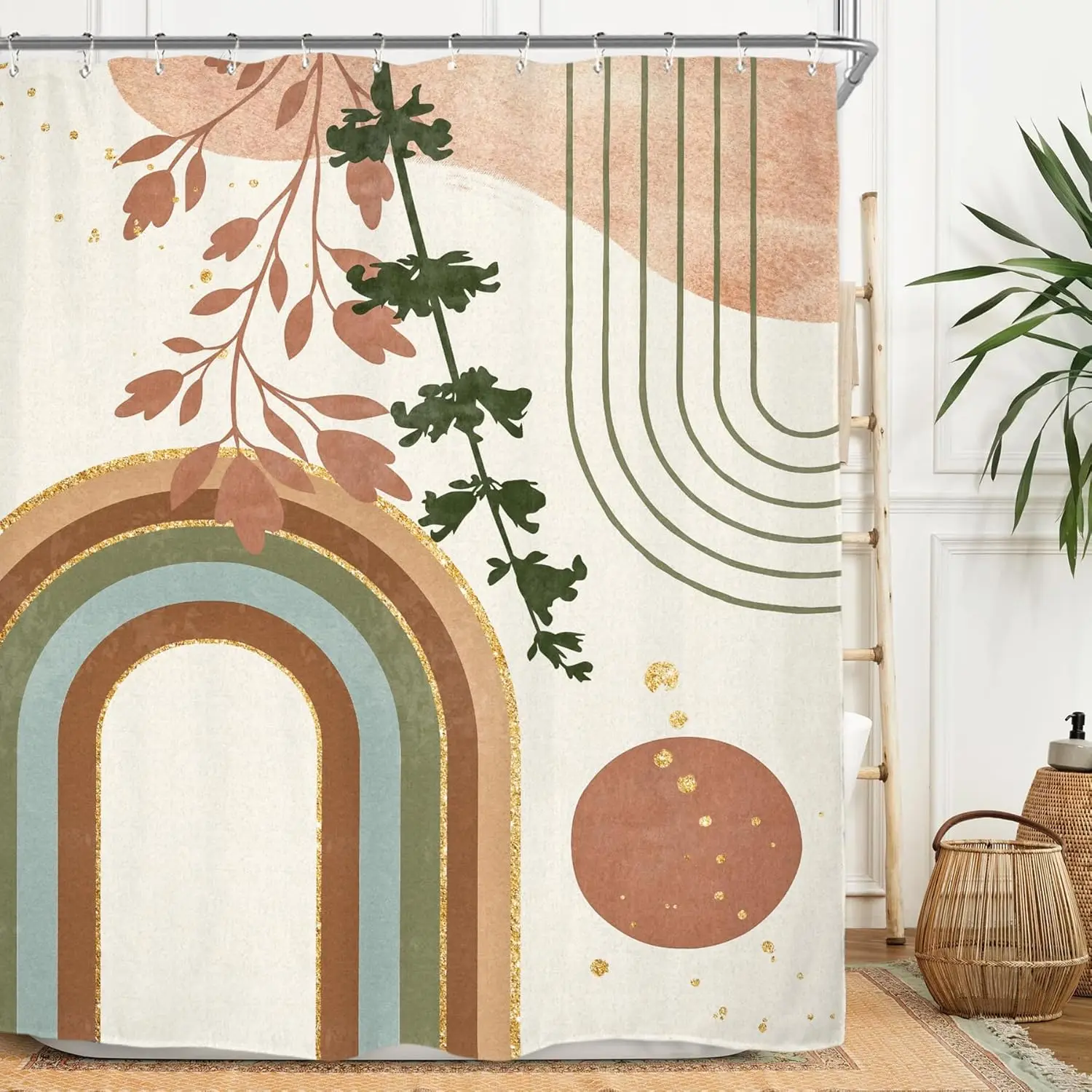 

Набор абстрактных занавесок для душа Miy Virginia Mid Century 60Wx71H дюймов Минималистичные эстетические листья растений Терракотовая геометрическая арка Moder