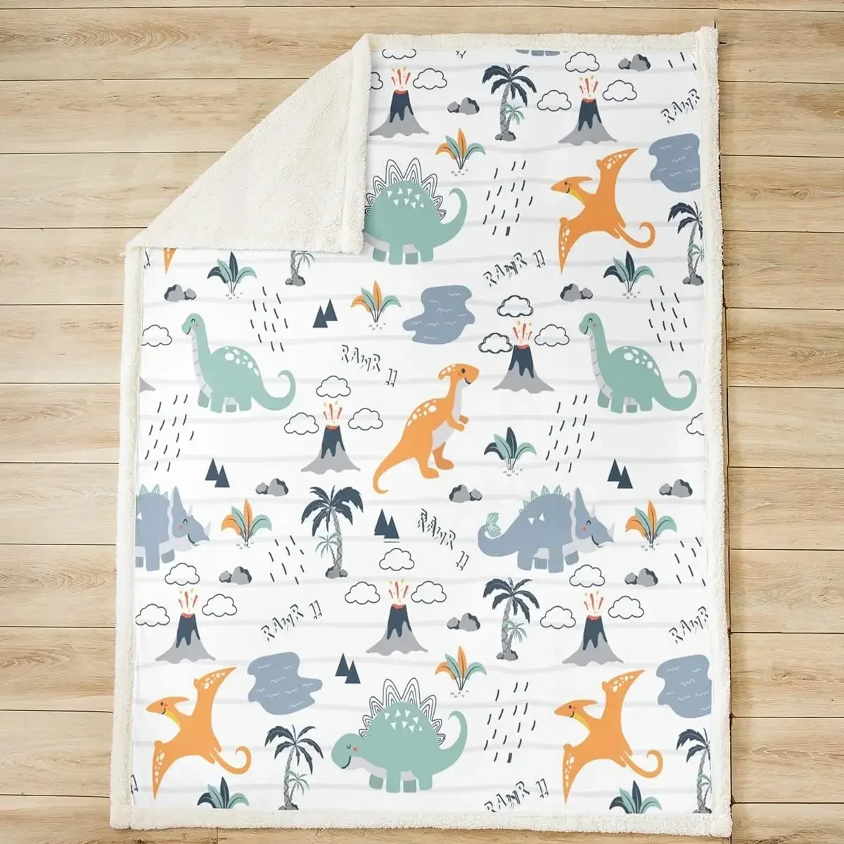 

3d Print Dinosaur Throw Blanket Nature Volcano Palm Tree View Fleece Blanket Wild Animals Plants Bed Quilt for Kids Boys Teens