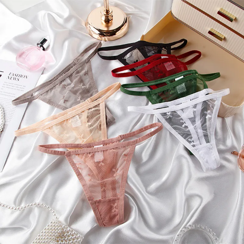 3Pcs/set Mesh Transparent Women's Panties Thin Belt Heart Embroidery Thongs Sexy Ladies G-string Elastic Solid Color Underwear